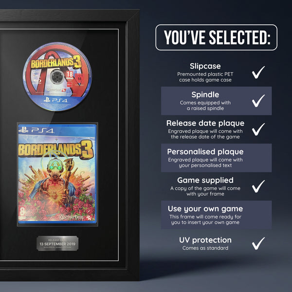 Borderlands 3 PS4 frame with game supplied and release date plaque, shown with what is included