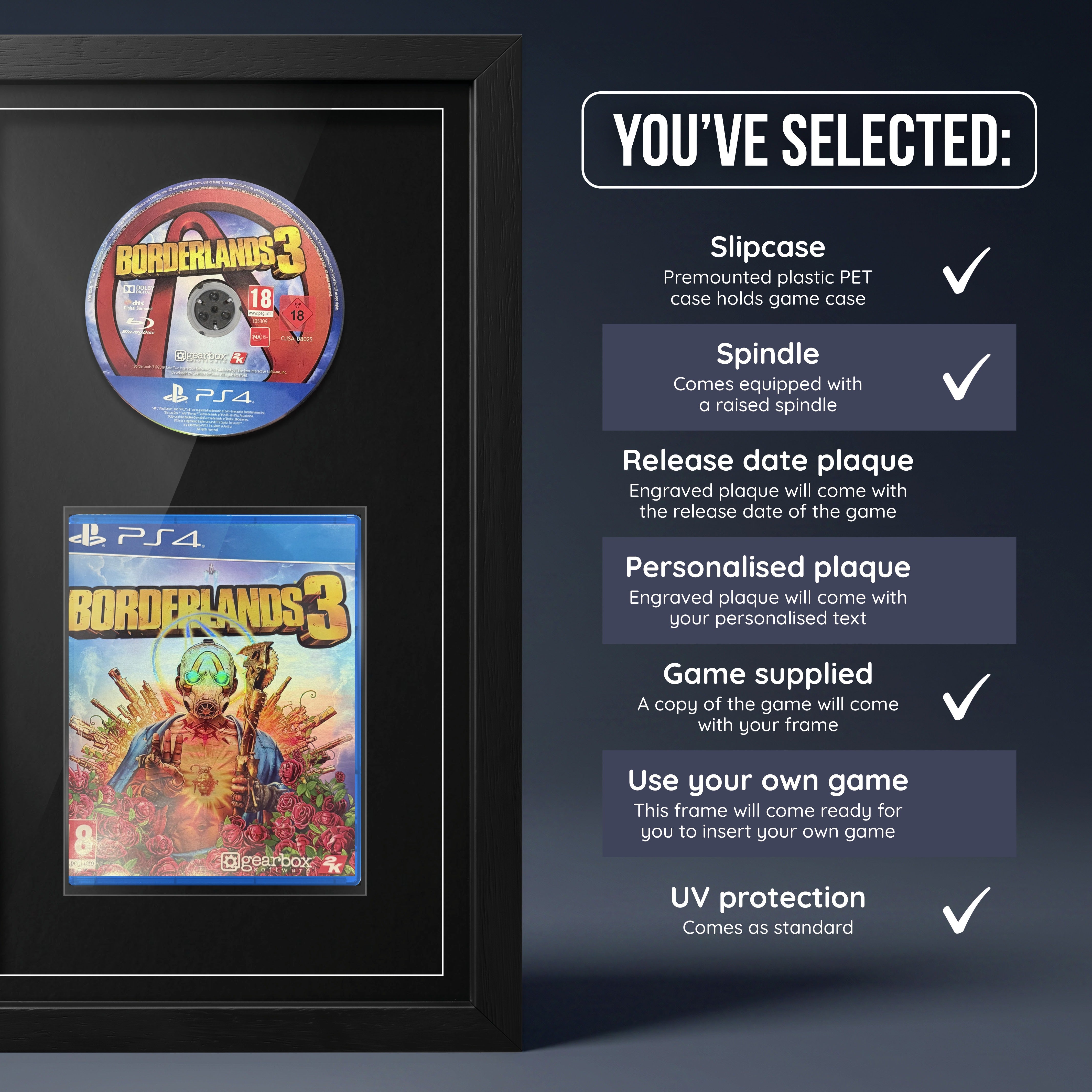 Borderlands 3 PS4 frame with game supplied and no plaque