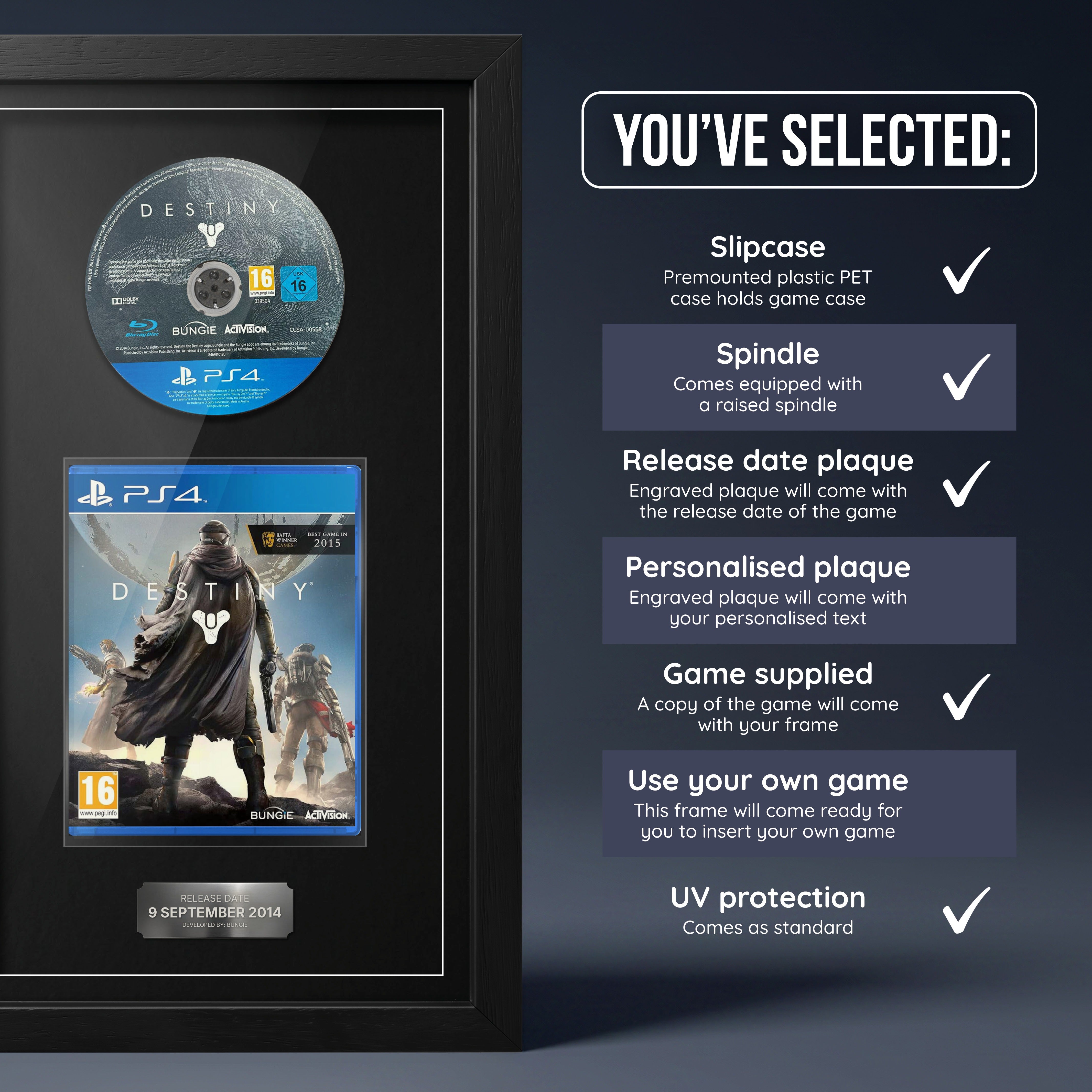 Destiny PS4 frame with game supplied and release date plaque, shown with what is included