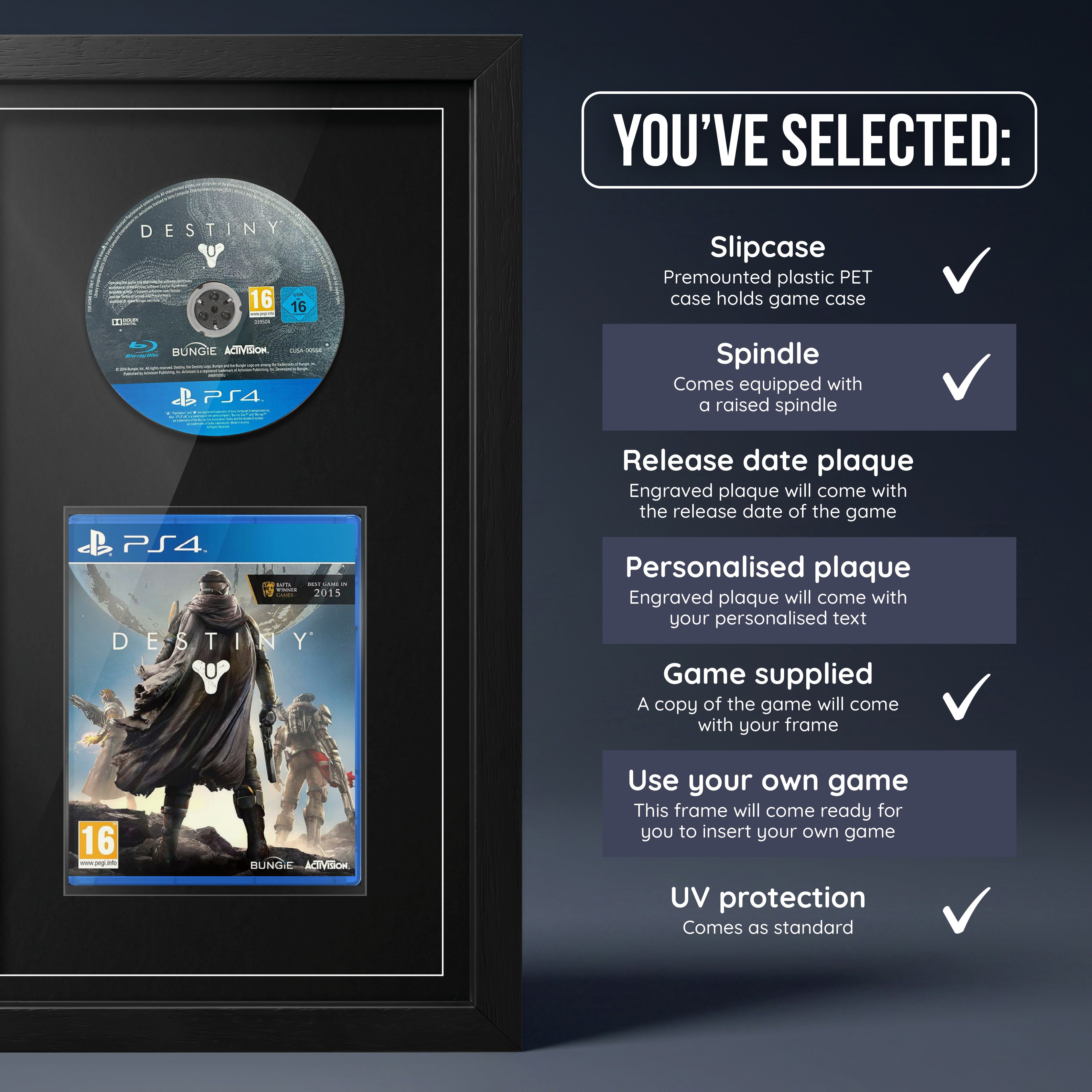 Destiny PS4 frame with game supplied and no plaque