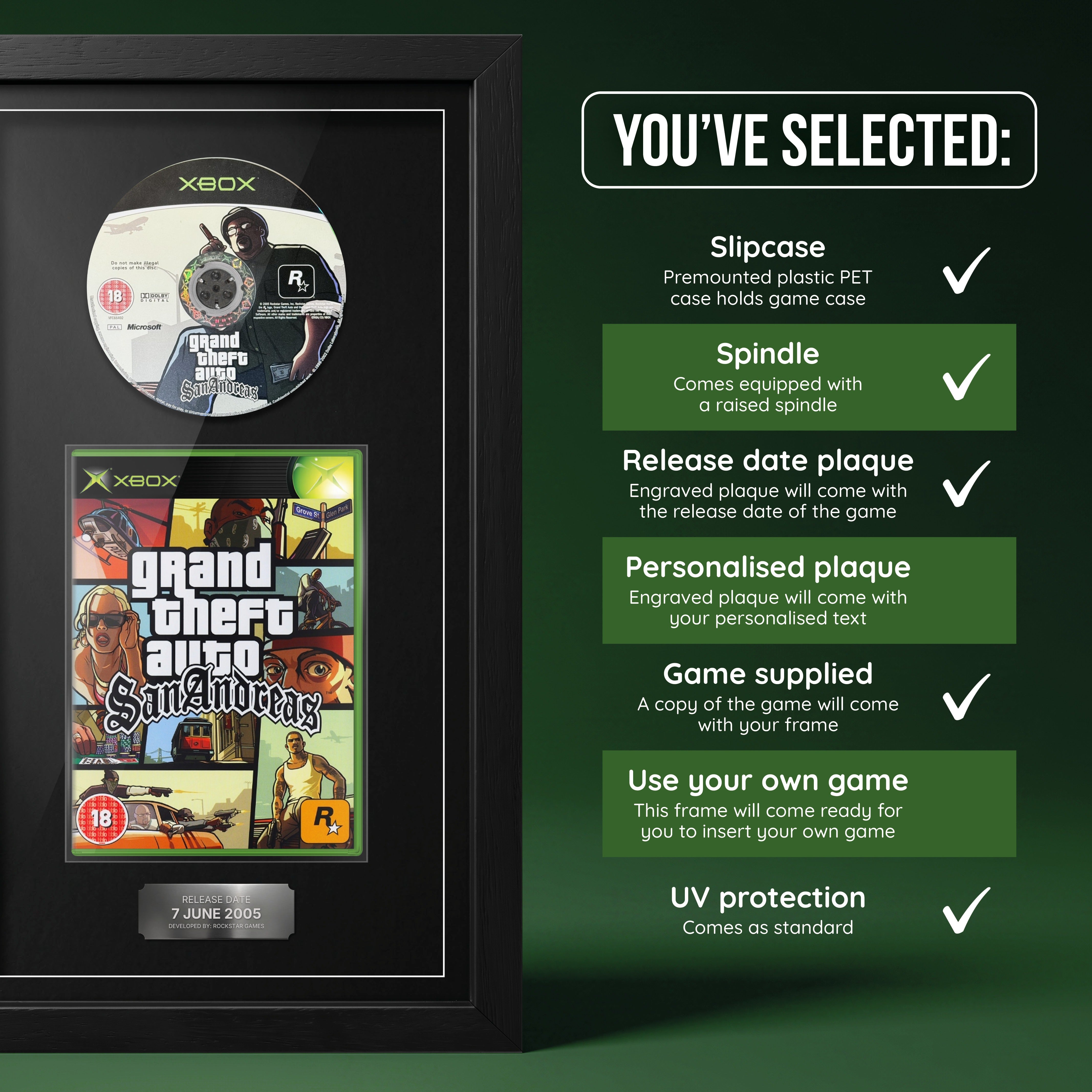 GTA San Andreas Xbox frame, game supplied with release date plaque