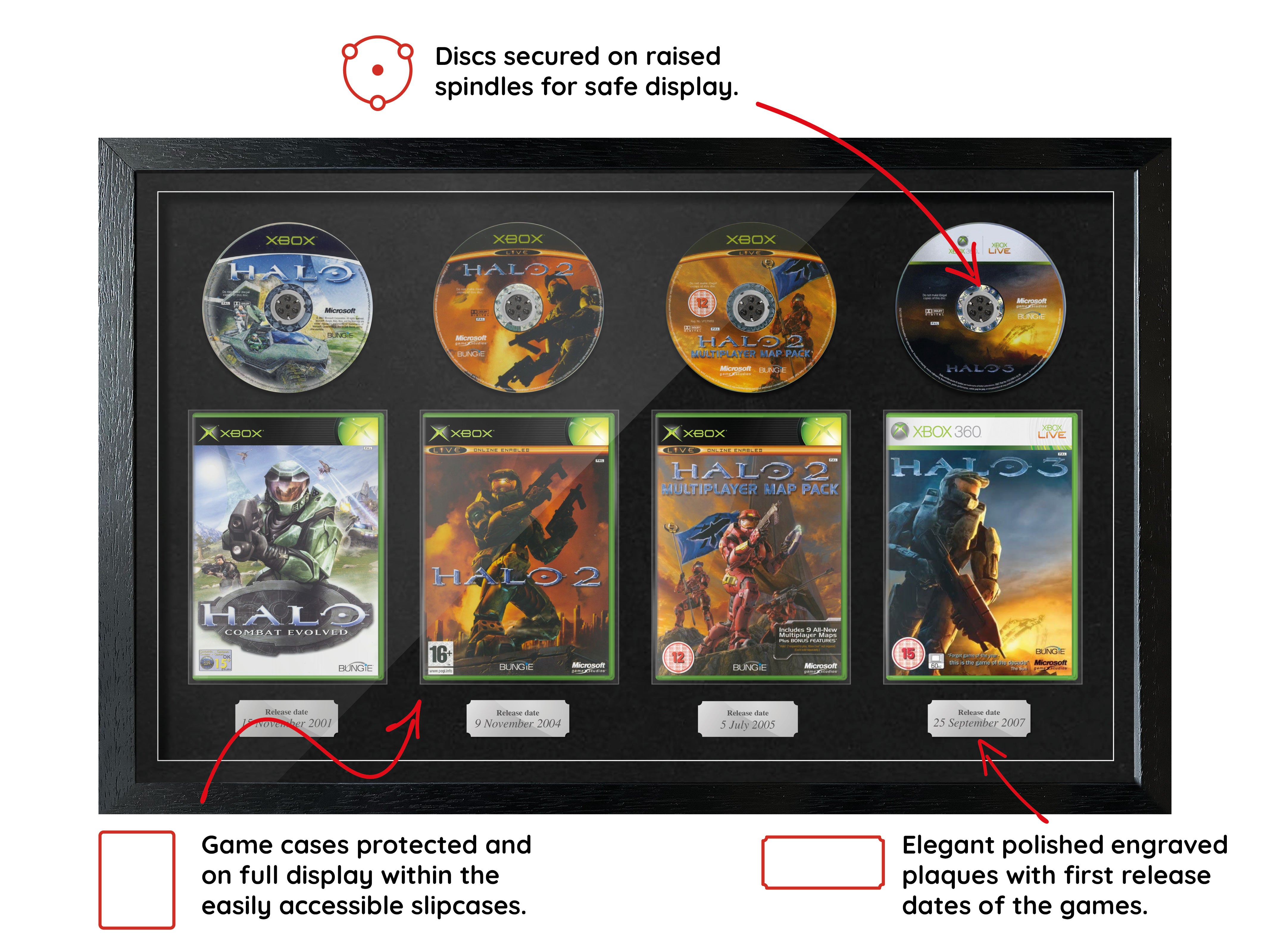 The Halo Trilogy + Map Pack (Xbox) Quadrilogy Exhibition Range Framed Games - Frame-A-Game