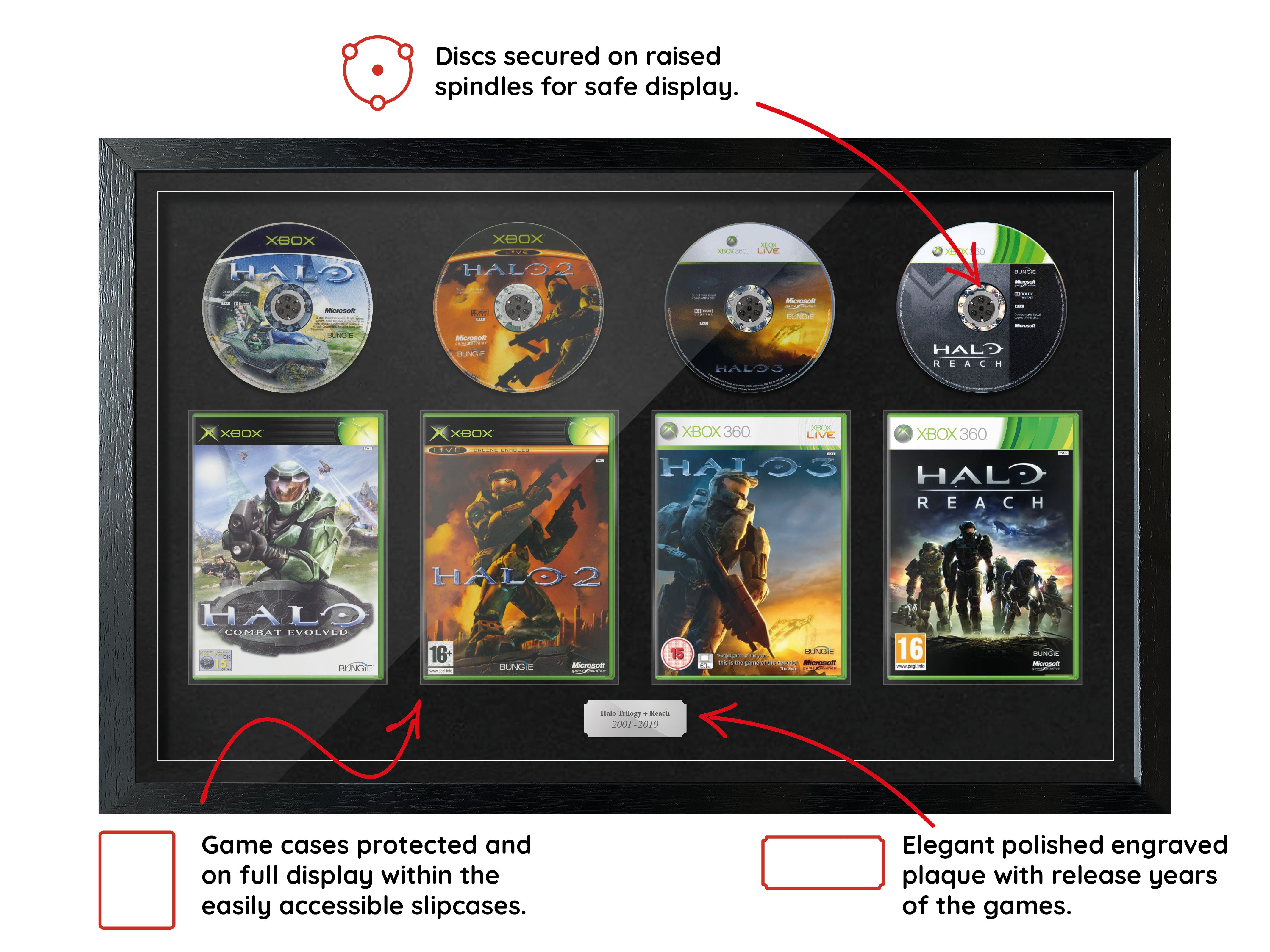 The Halo Trilogy + Reach (Xbox) Quadrilogy Exhibition Range Framed Games - Frame-A-Game