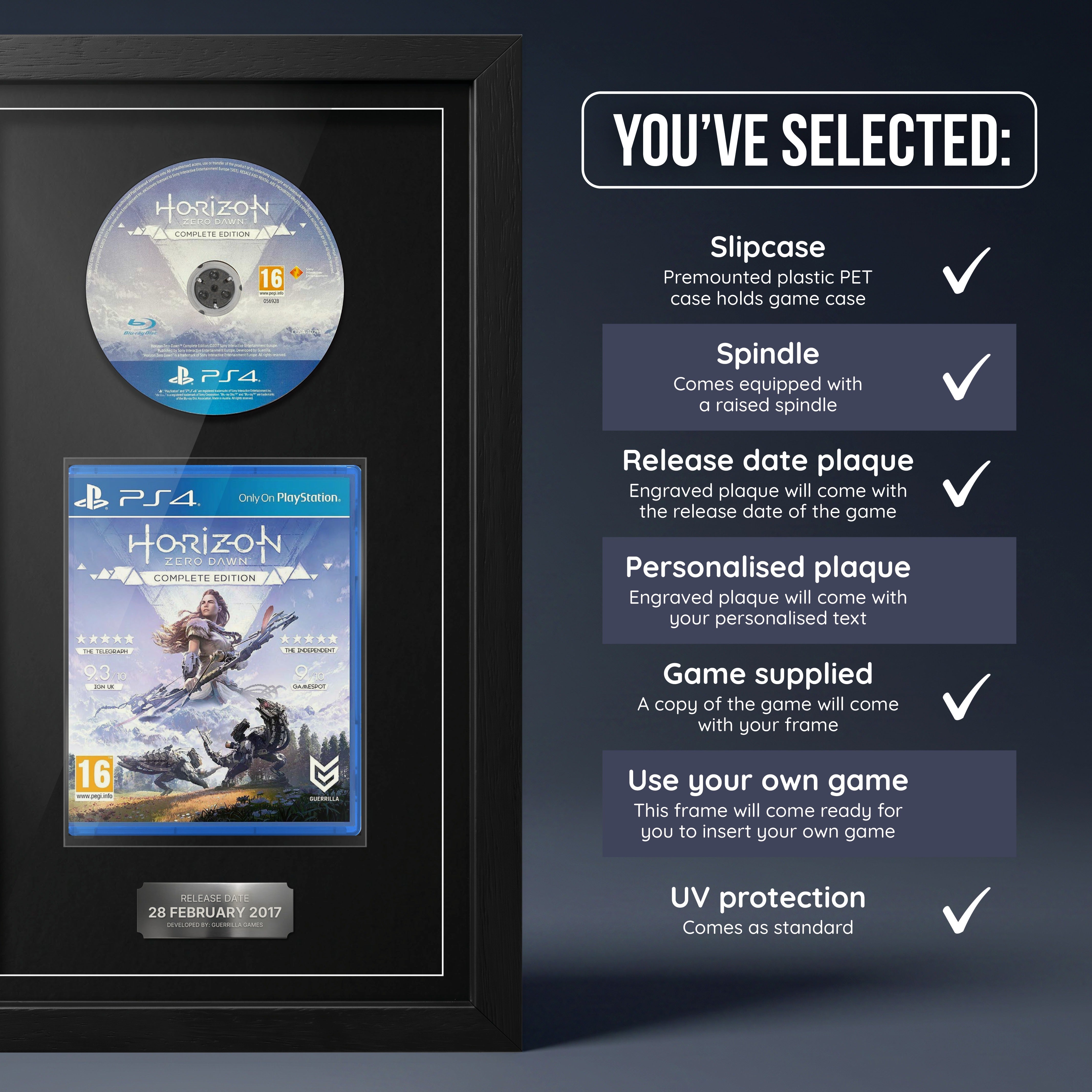 Horizon Zero Dawn Complete Edition PS4 frame with game supplied and release date plaque, shown with what is included