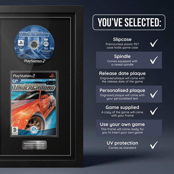 Need For Speed: Underground PS2 frame with game supplied and a personalised plaque
