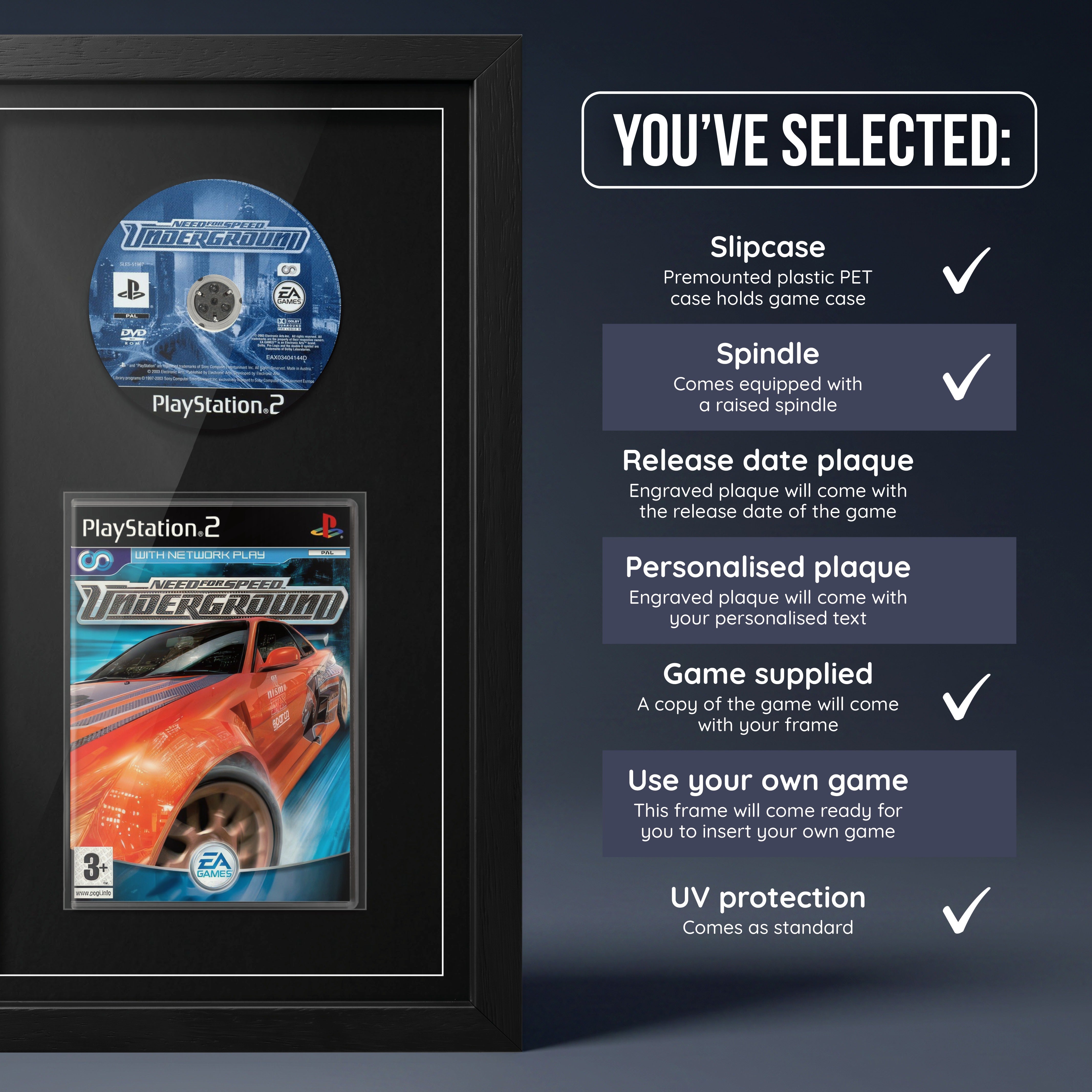 Need For Speed: Underground PS2 frame with game supplied and no plaque