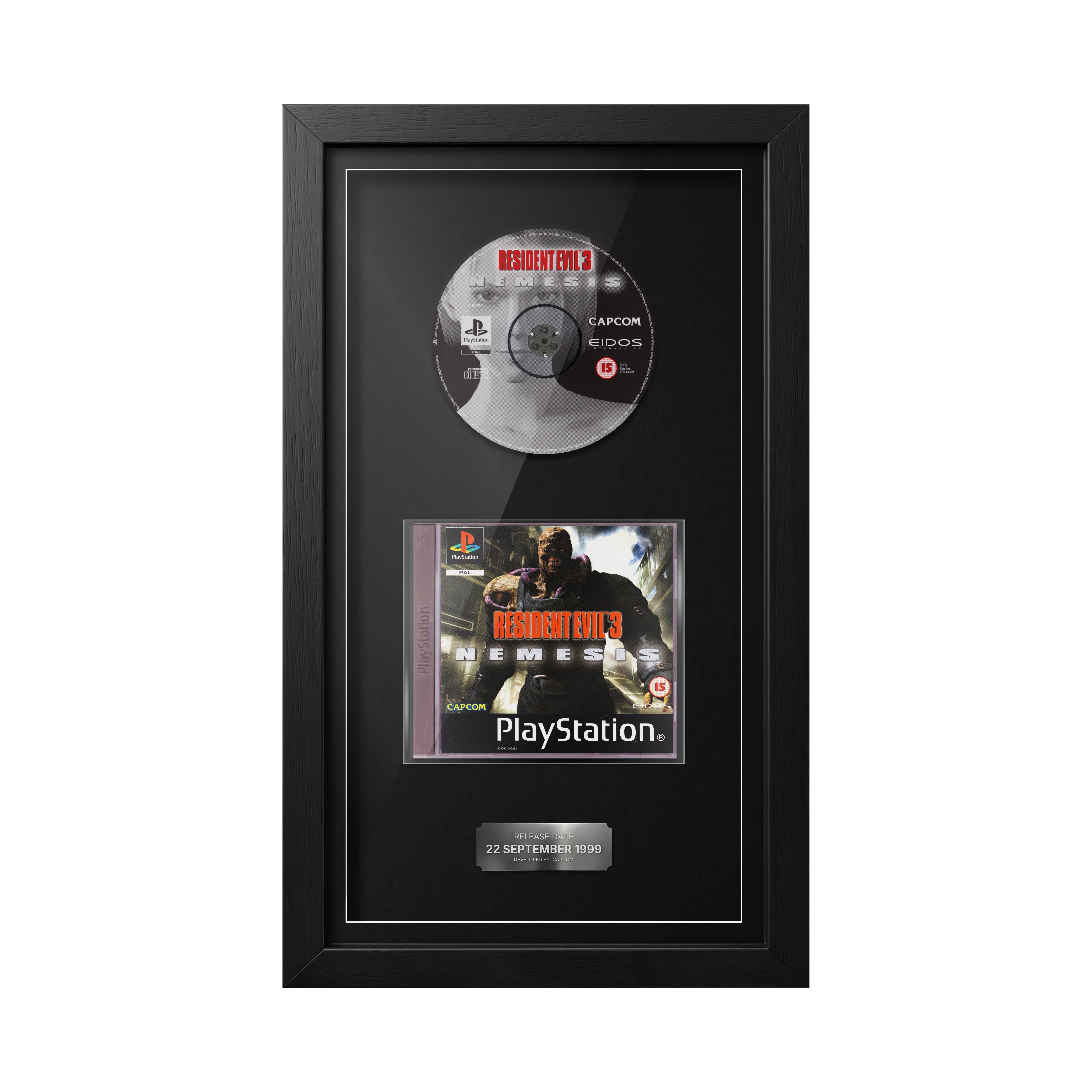 Resident Evil 3: Nemesis PS1 game framed in the Exhibition Range with disc, case and release date plaque