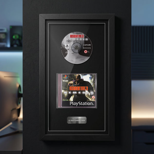 Resident Evil 3: Nemesis PS1 Exhibition Range frame hanging on a games room wall