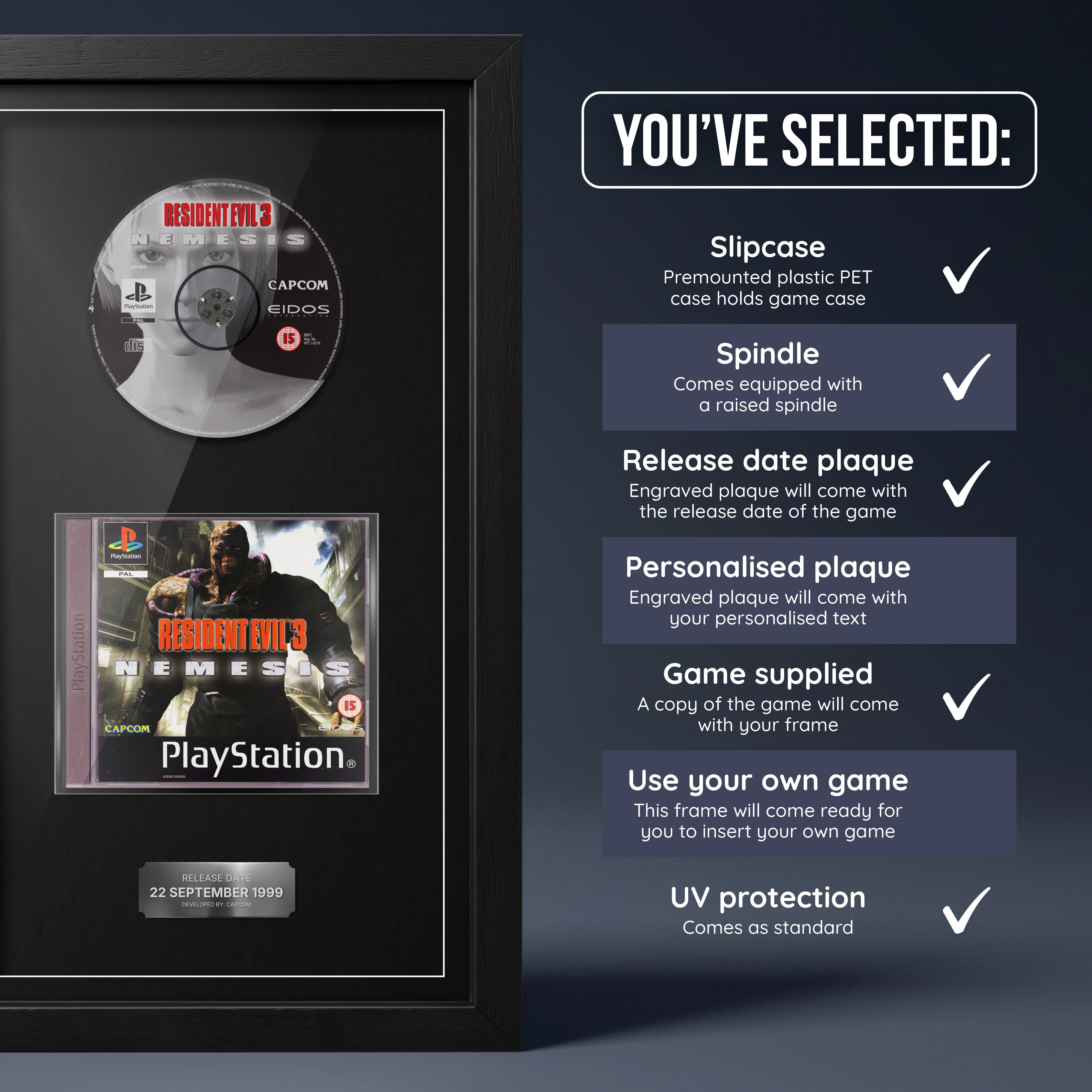 Resident Evil 3: Nemesis PS1 frame, game supplied with release date plaque