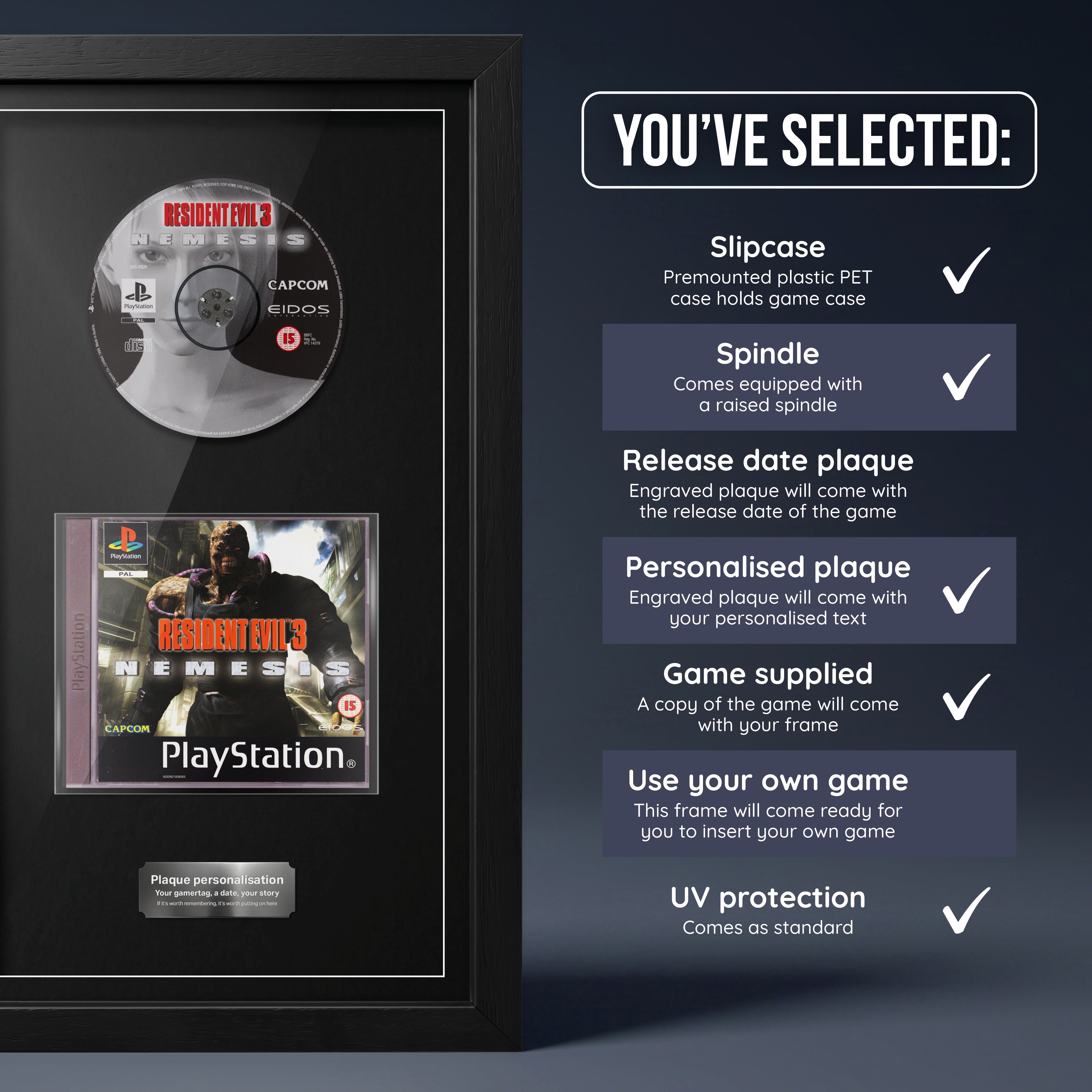 Resident Evil 3: Nemesis PS1 frame, game supplied with personalised plaque