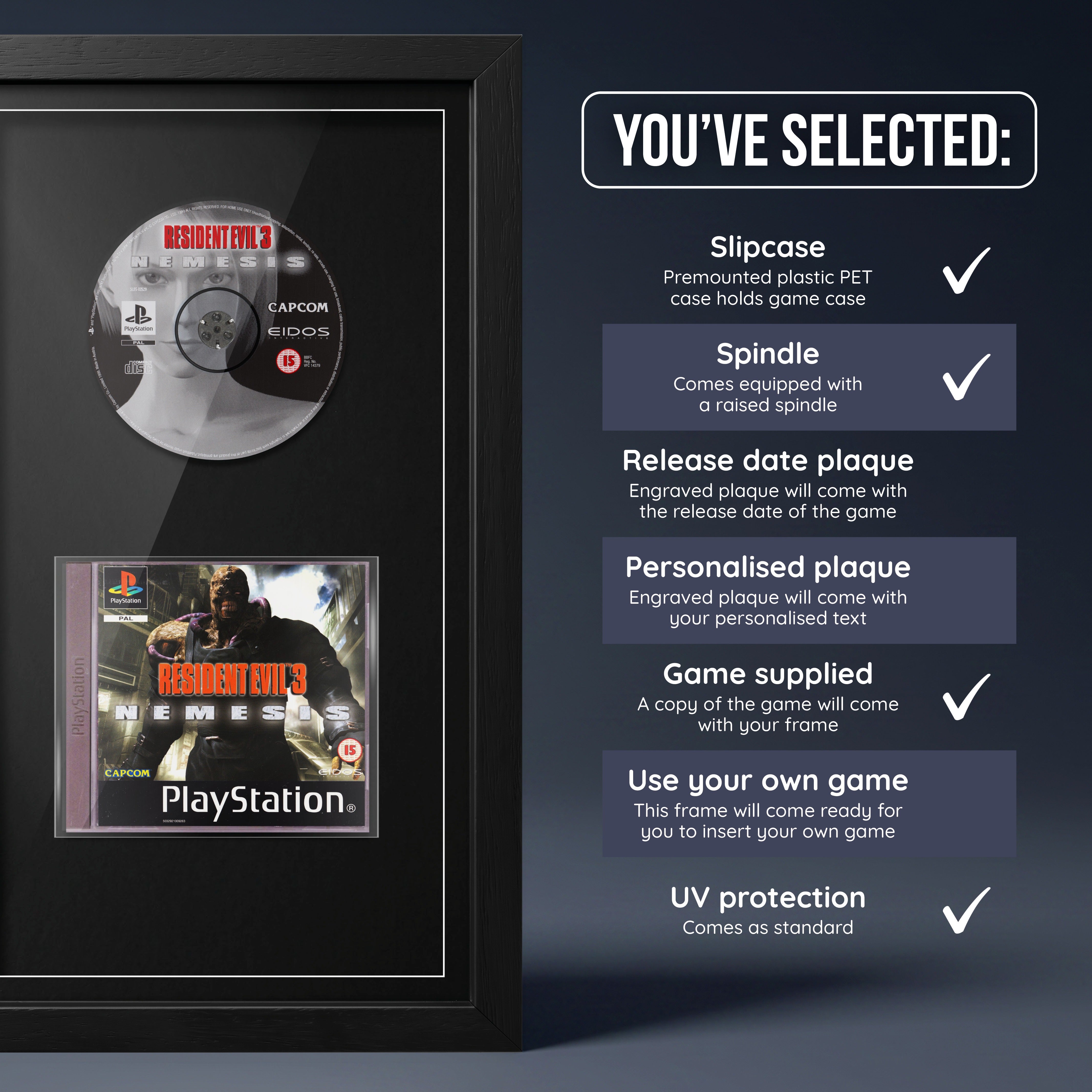 Resident Evil 3: Nemesis PS1 frame, game supplied with no plaque