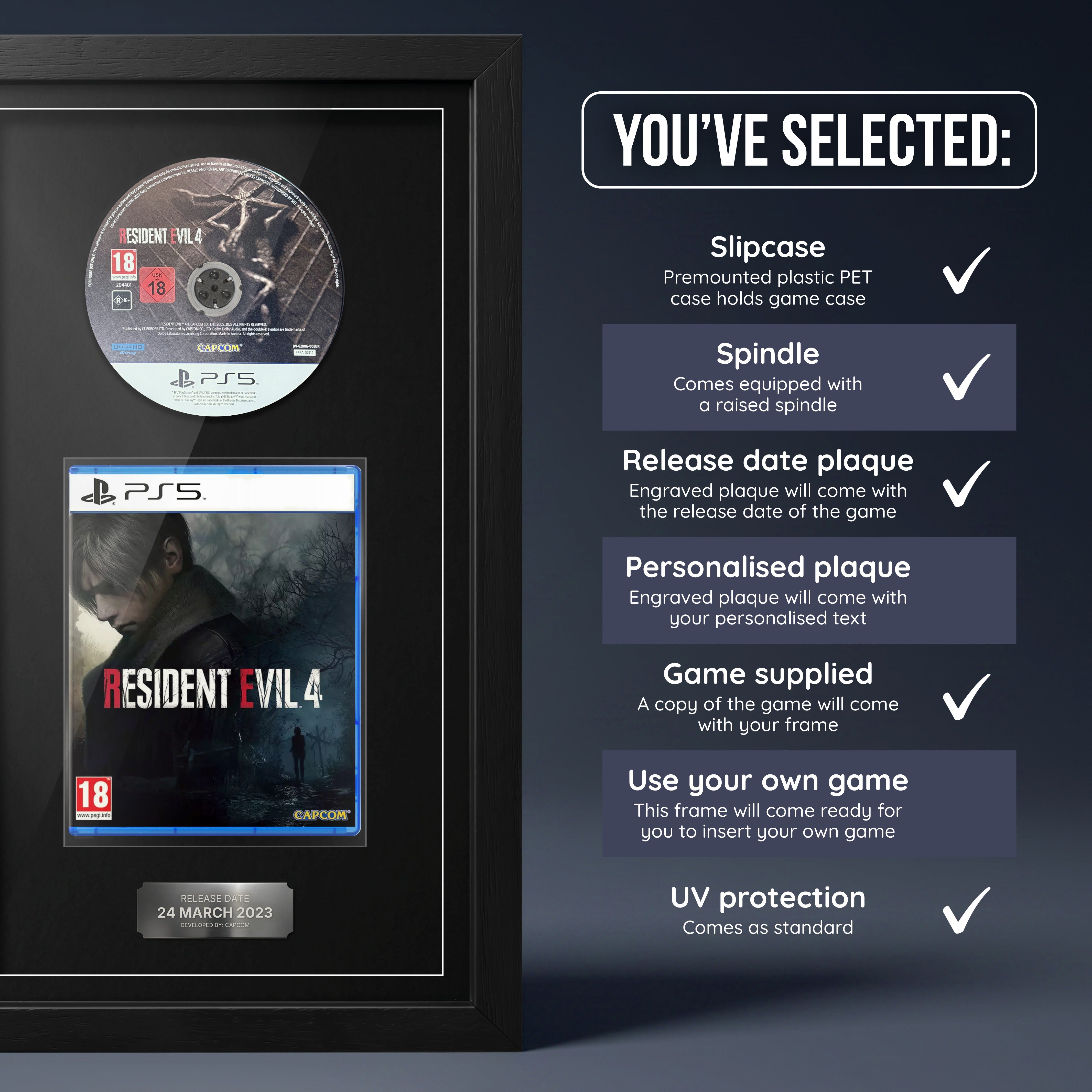 Resident Evil 4 PS5 frame, game supplied with release date plaque