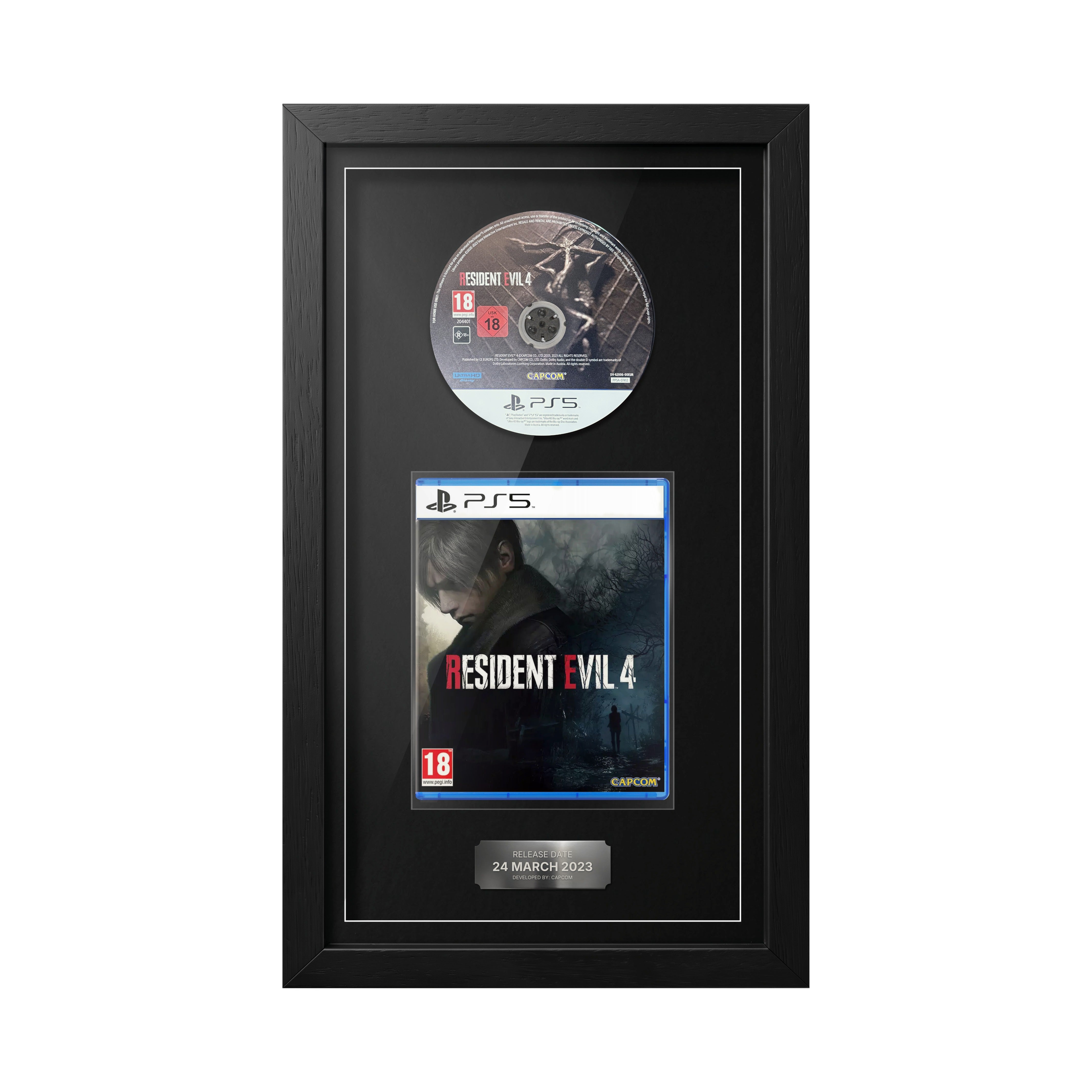 Resident Evil 4 PS5 Exhibition Range framed game with disc, case and release date plaque