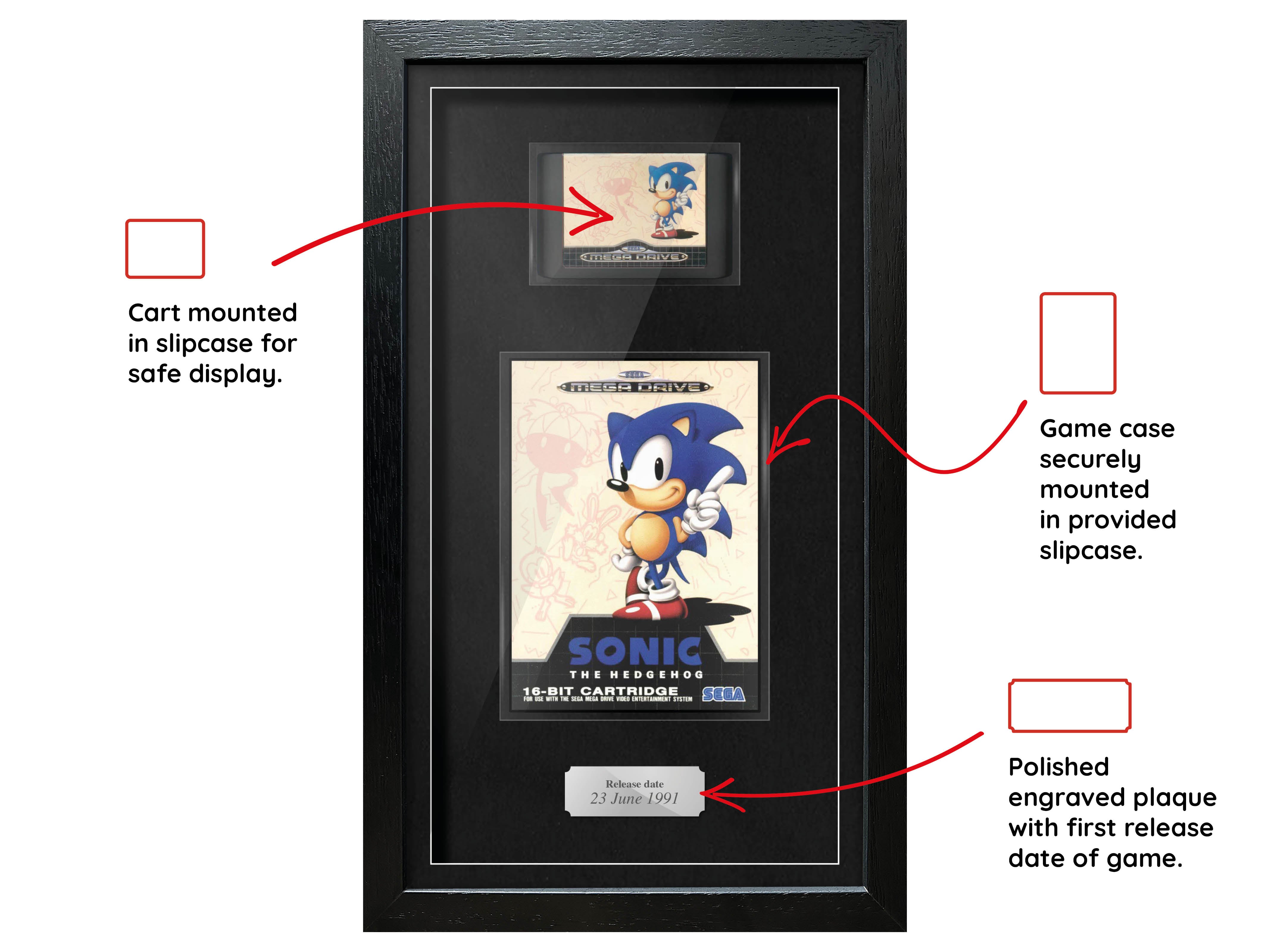Sonic the Hedgehog (Mega Drive) Exhibition Range Framed Game - Damaged Sleeve/Cart - Frame-A-Game