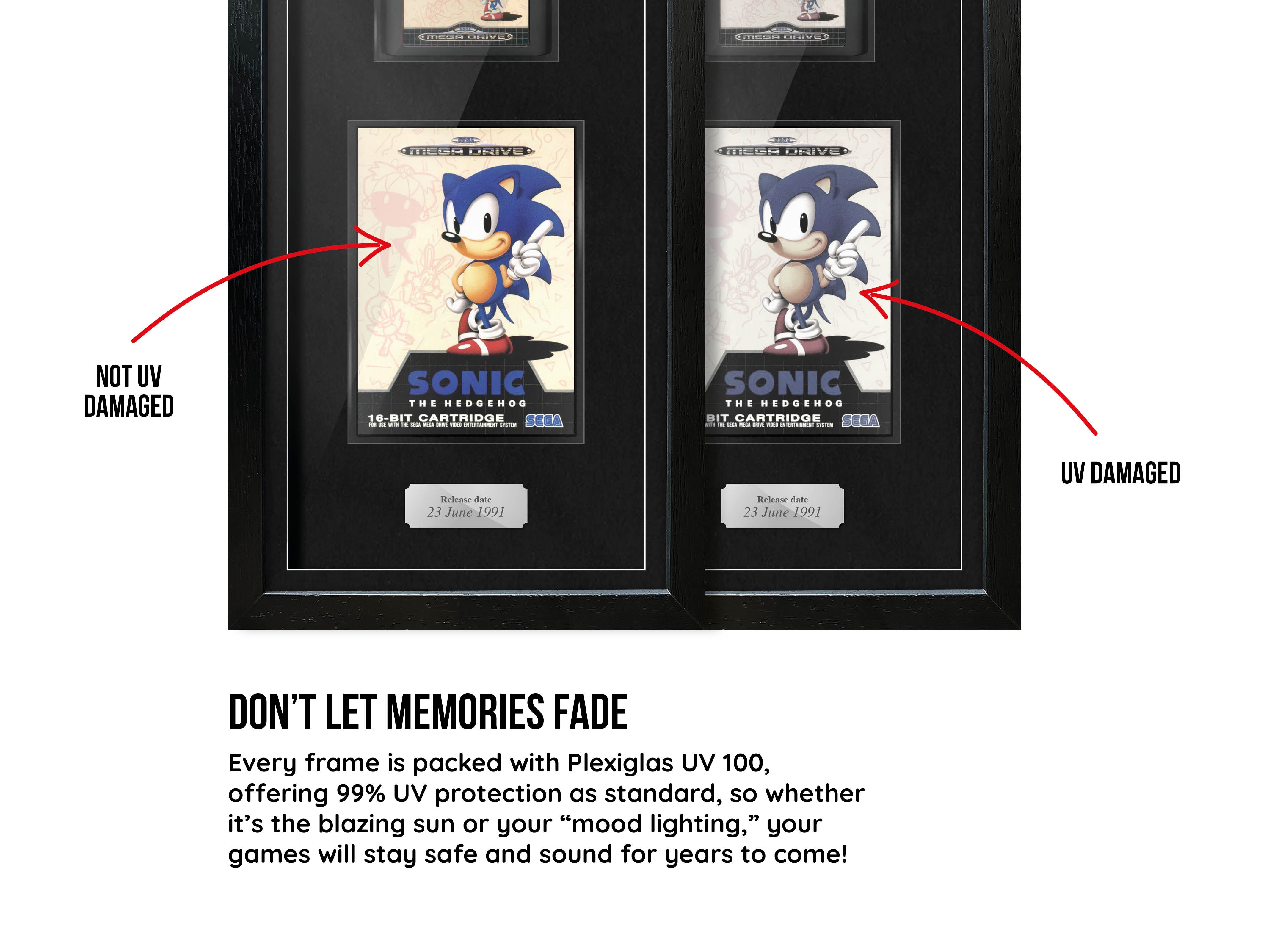 Sonic the Hedgehog (Mega Drive) Exhibition Range Framed Game - Damaged Sleeve/Cart - Frame-A-Game