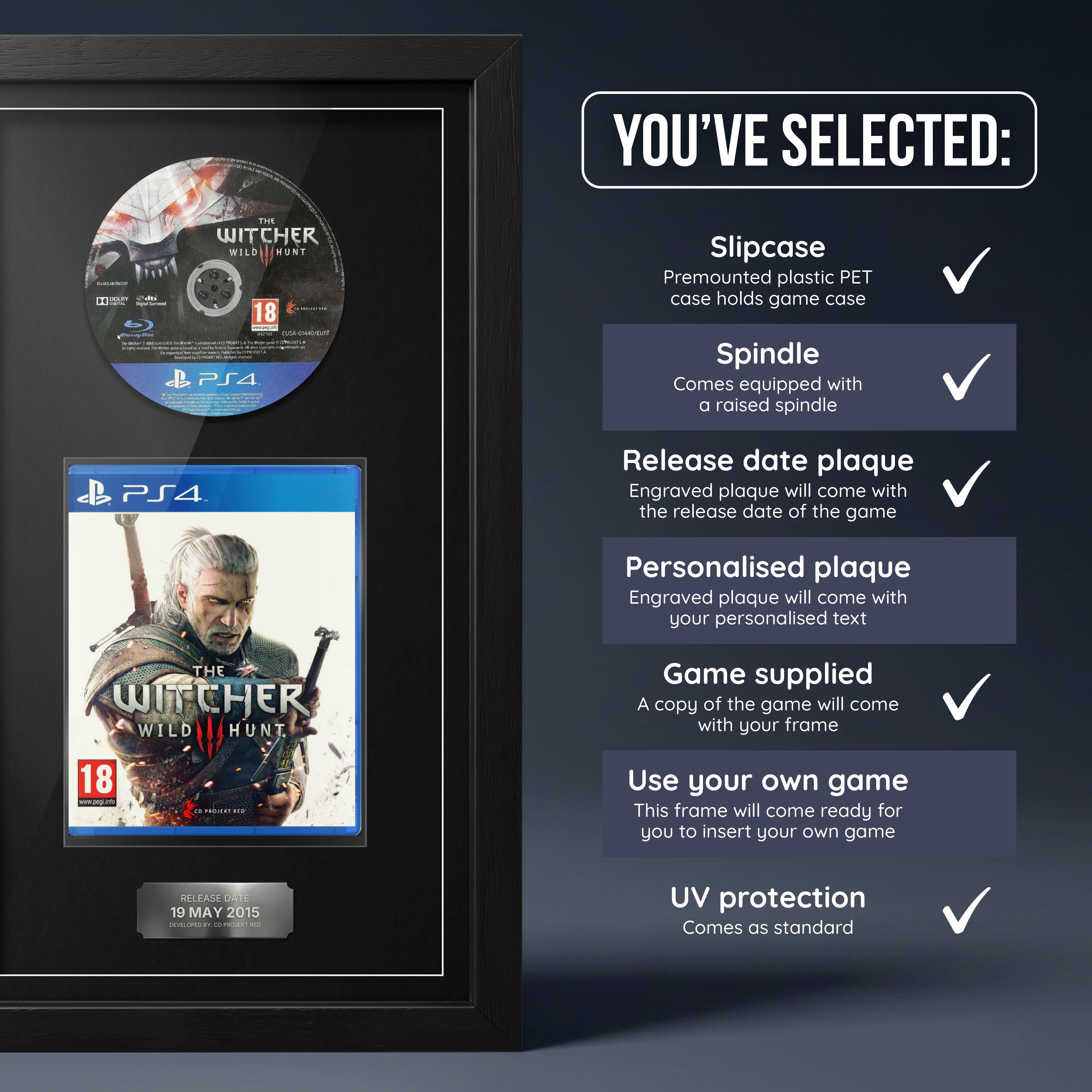 The Witcher 3: Wild Hunt PS4 frame with game supplied and release date plaque, shown with what is included
